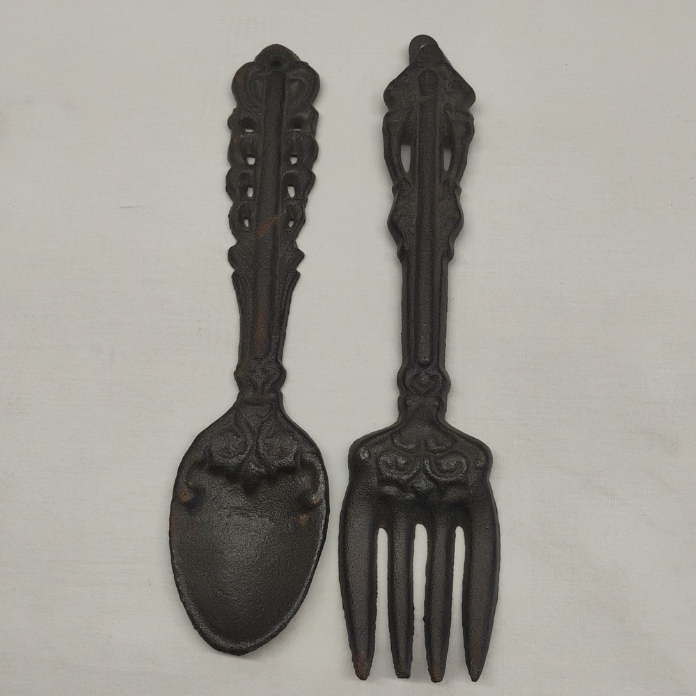 11" Cast‎ Iron Rustic Ornate Spoon Fork Wall Hanging Decor Farmhouse Cabin MCM